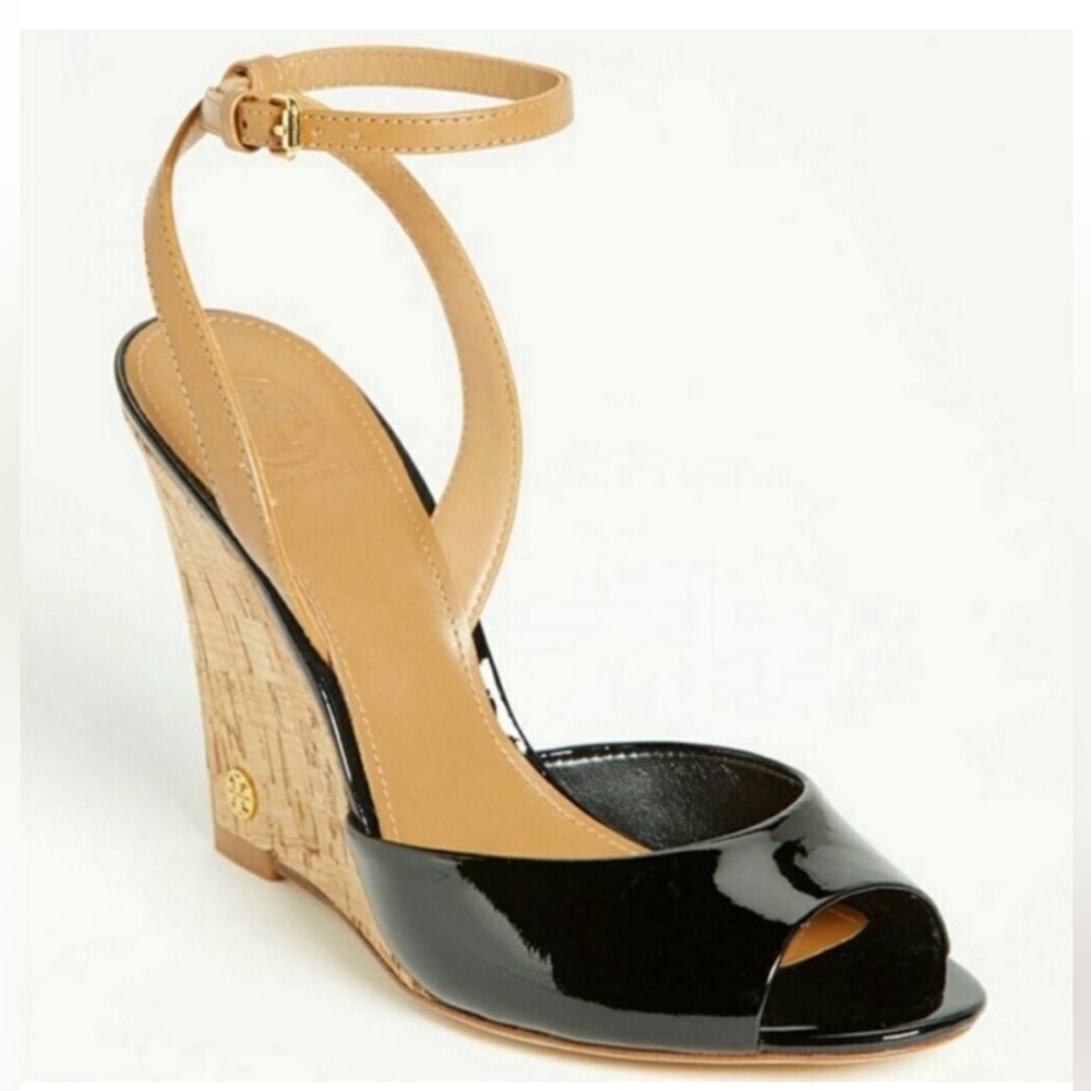 Tory Burch Aston Black Patent Leather & Cork Wedge